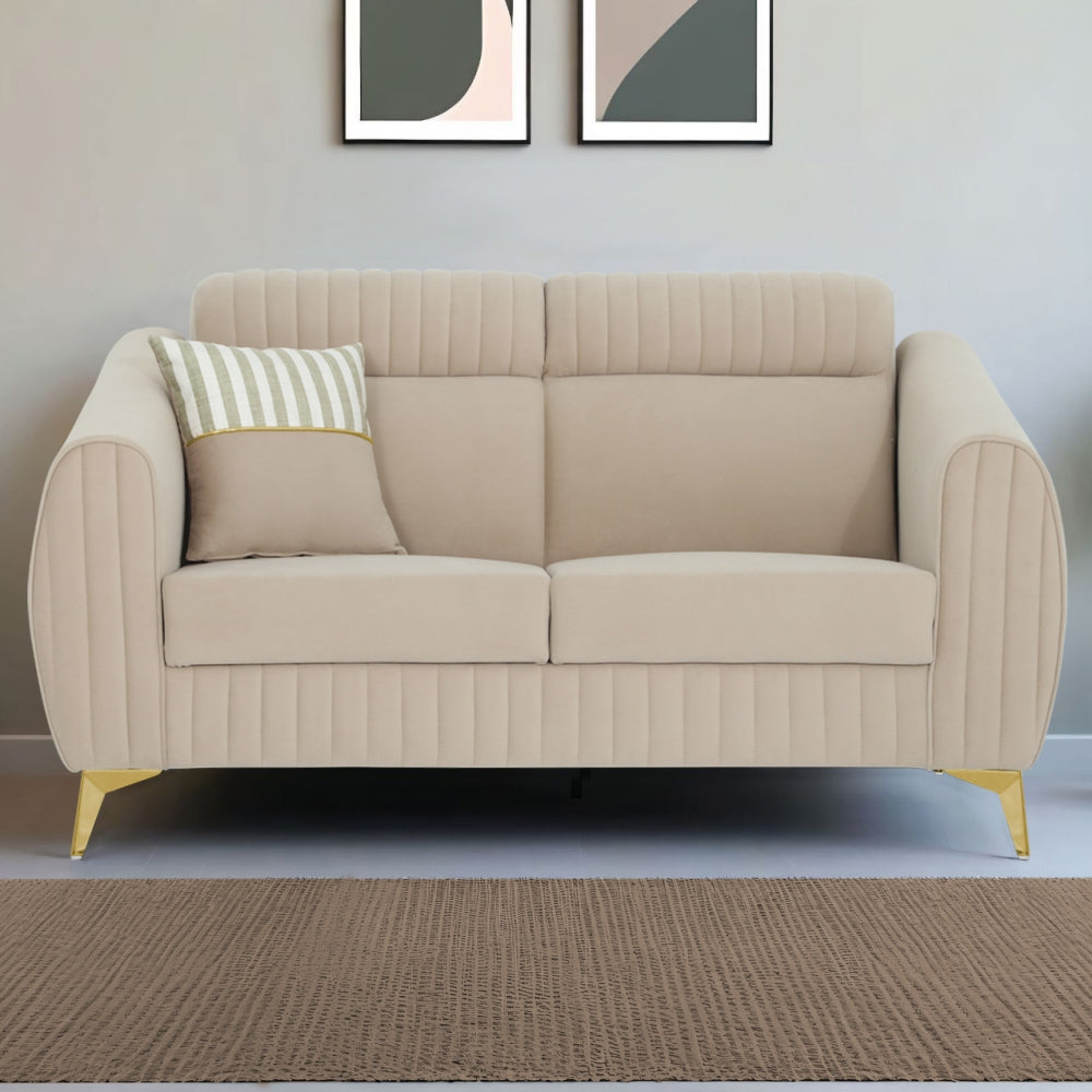 Adorn India Premium Valentino 2 Seater Sofa | Velvet Suede Fabric | 3-Year Warranty | Color Beige with Golden Legs & Striped Pattern Cushion