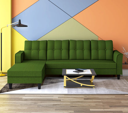 Adorn India Maddox Tufted L Shape 5 Seater Sofa Set LHS (Green) (3 Year Warranty)