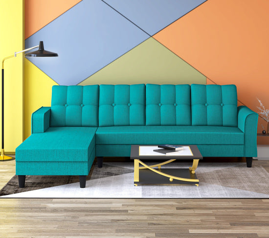 Adorn India Maddox Tufted L Shape 6 Seater Sofa Set LHS (Aqua Blue) (3 Year Warranty)