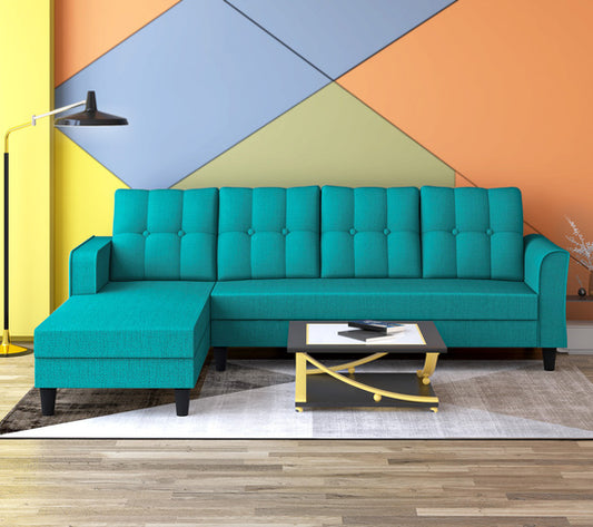 Adorn India Maddox Tufted L Shape 6 Seater Sofa Set LHS (Aqua Blue) (3 Year Warranty)