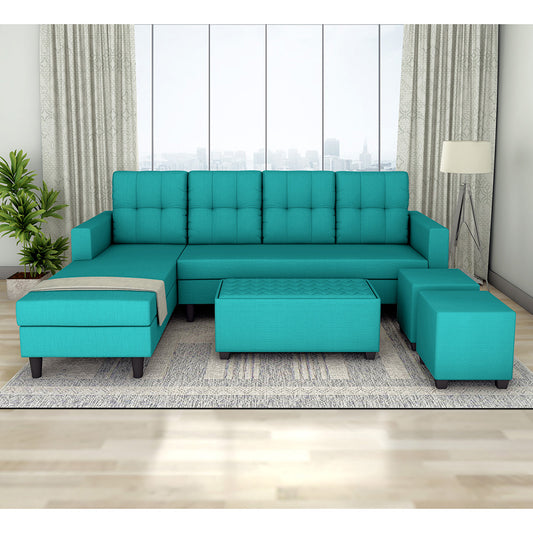 Adorn India Darcy L Shape 8 Seater Sofa Set with Center Table and 2 Ottoman Puffy (LHS) (Aqua Blue) (3 Year Warranty)