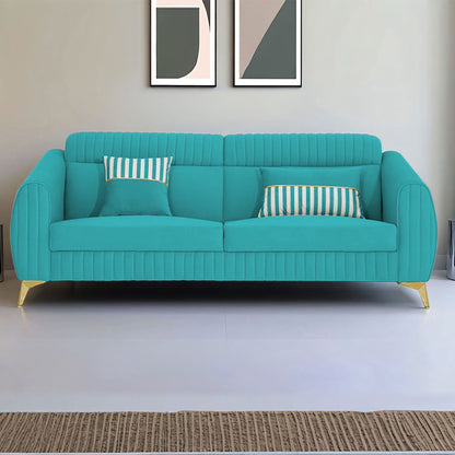 Adorn India Premium Valentino 3 Seater Sofa | Velvet Suede Fabric | 3-Year Warranty | Color Aqua Blue with Golden Legs & Striped Pattern Cushion