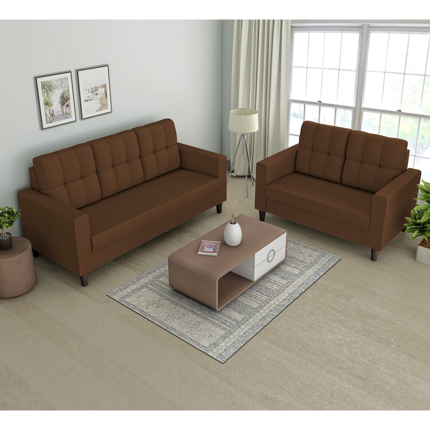 Adorn India Darcy 3+2 5 Seater Sofa Set (Beige) (3 Year Warranty)