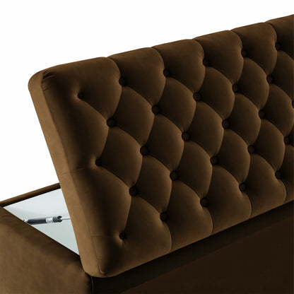 Adorn India Falcon Tufted 2 Seater Storage Ottoman Pouffe with Velvet Suede Fabric (Brown)