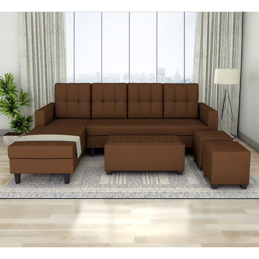 Adorn India Darcy L Shape 8 Seater Sofa Set with Center Table and 2 Ottoman Puffy (LHS) (Brown) (3 Year Warranty)