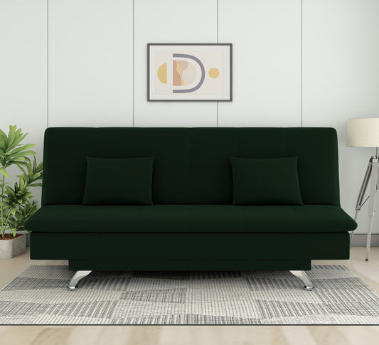 Adorn India Premium New Aspen 3 Seater Sofa Cum Bed 4X6 Velvet Suede with 2 Cushions (Color Green) and Suitable for All Indoor, with 3 Years Warranty