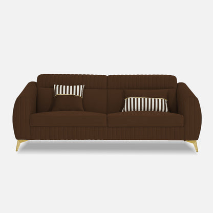 Adorn India Premium Valentino 3 Seater Sofa | Velvet Suede Fabric | 3-Year Warranty | Color Brown with Golden Legs & Striped Pattern Cushion