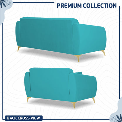 Adorn India Premium Valentino 3-2 Sofa Set | Velvet Suede Fabric | 3-Year Warranty | Color Aqua Blue with Golden Legs & Striped Pattern Cushion