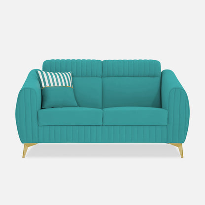 Adorn India Premium Valentino 2 Seater Sofa | Velvet Suede Fabric | 3-Year Warranty | Color Aqua Blue with Golden Legs & Striped Pattern Cushion