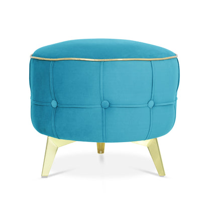 Adorn India Macolm Round 1 Seater Ottoman Pouffe Tufted Pattern with Velvet Suede Fabric (Aqua Blue)