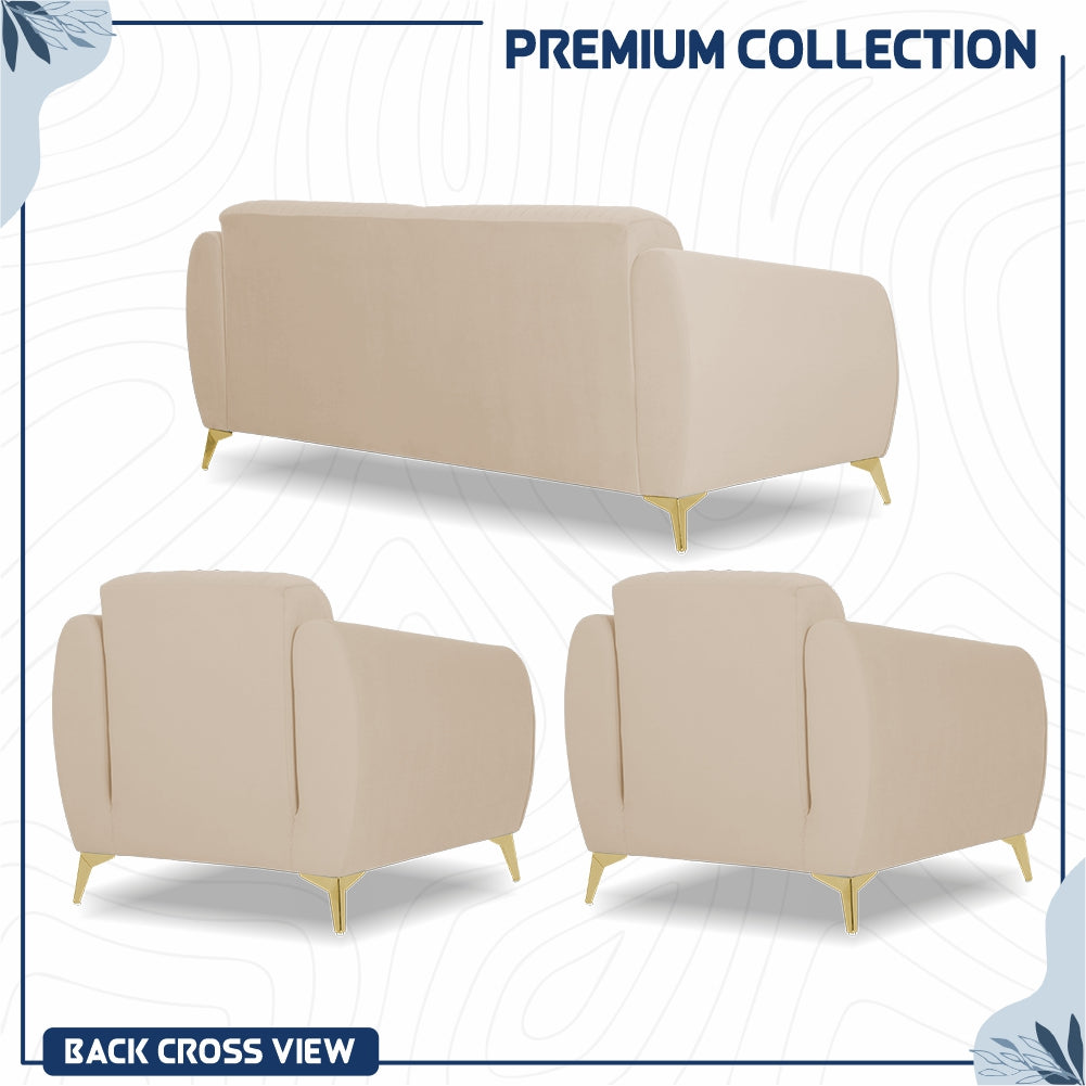 Adorn India Premium Valentino 3-1-1 Sofa Set | Velvet Suede Fabric | 3-Year Warranty | Color Beige with Golden Legs & Striped Pattern Cushion