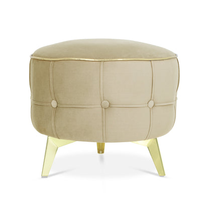 Adorn India Macolm Round 1 Seater Ottoman Pouffe Tufted Pattern with Velvet Suede Fabric (Beige)