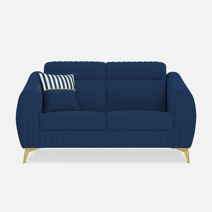 Adorn India Premium Valentino 2 Seater Sofa | Velvet Suede Fabric | 3-Year Warranty | Color Blue with Golden Legs & Striped Pattern Cushion