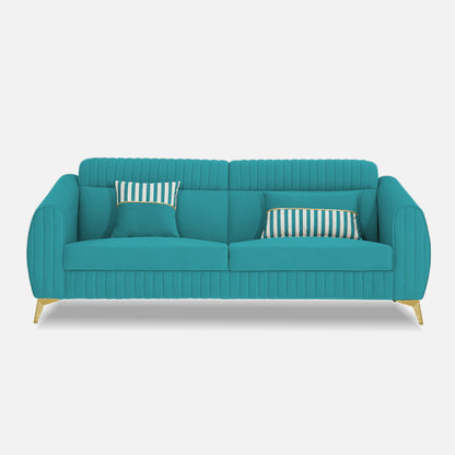 Adorn India Premium Valentino 3 Seater Sofa | Velvet Suede Fabric | 3-Year Warranty | Color Aqua Blue with Golden Legs & Striped Pattern Cushion