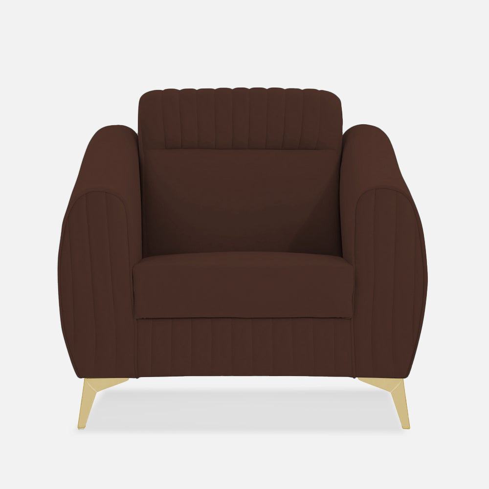Adorn India Premium Valentino 1 Seater Sofa | Velvet Suede Fabric | 3-Year Warranty | Color Brown with Golden Legs & Striped Pattern Cushion