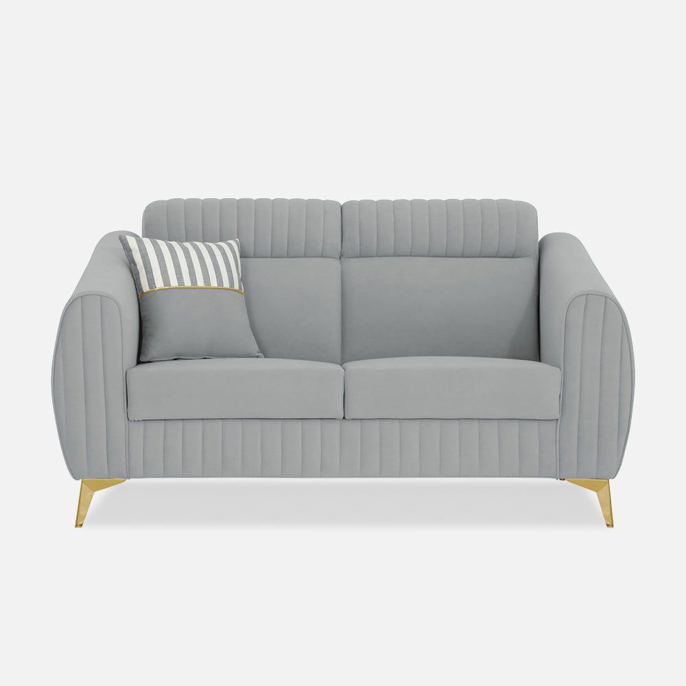 Adorn India Premium Valentino 2 Seater Sofa | Velvet Suede Fabric | 3-Year Warranty | Color Grey with Golden Legs & Striped Pattern Cushion