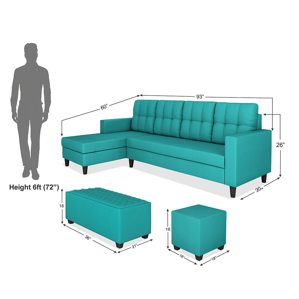 Adorn India Darcy L Shape 8 Seater Sofa Set with Center Table and 2 Ottoman Puffy (LHS) (Aqua Blue) (3 Year Warranty)