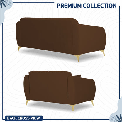 Adorn India Premium Valentino 3-2 Sofa Set | Velvet Suede Fabric | 3-Year Warranty | Color Brown with Golden Legs & Striped Pattern Cushion