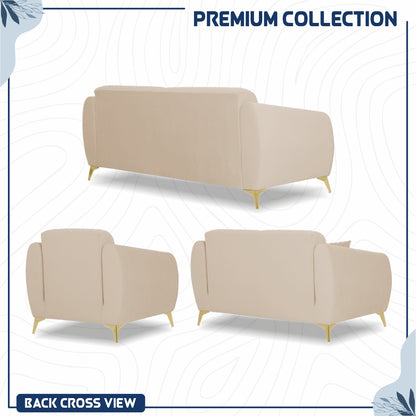 Adorn India Premium Valentino 3-2-1 Sofa Set | Velvet Suede Fabric | 3-Year Warranty | Color Beige with Golden Legs & Striped Pattern Cushion