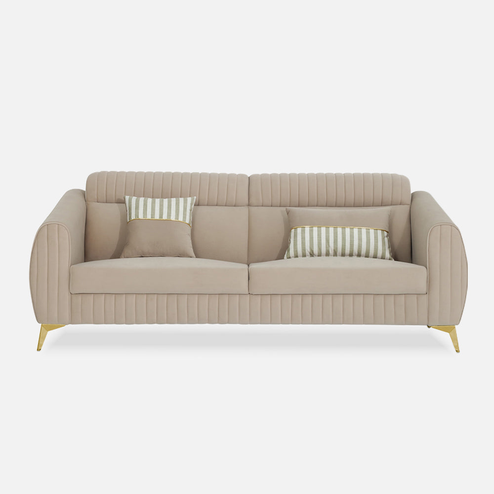 Adorn India Premium Valentino 3 Seater Sofa | Velvet Suede Fabric | 3-Year Warranty | Color Beige with Golden Legs & Striped Pattern Cushion