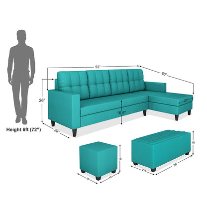 Adorn India Darcy L Shape 8 Seater Sofa Set with Center Table and 2 Ottoman Puffy (RHS) (Aqua Blue) (3 Year Warranty)