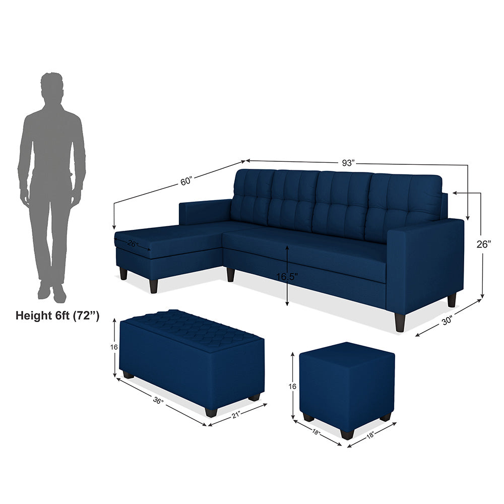 Adorn India Darcy L Shape 8 Seater Sofa Set with Center Table and 2 Ottoman Puffy (LHS) (Blue) (3 Year Warranty)