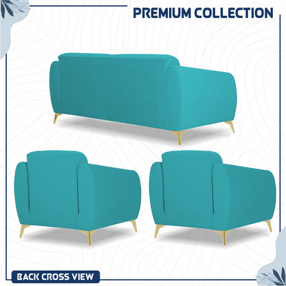 Adorn India Premium Valentino 3-1-1 Sofa Set | Velvet Suede Fabric | 3-Year Warranty | Color Aqua Blue with Golden Legs & Striped Pattern Cushion