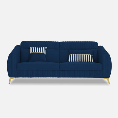 Adorn India Premium Valentino 3 Seater Sofa | Velvet Suede Fabric | 3-Year Warranty | Color Blue with Golden Legs & Striped Pattern Cushion