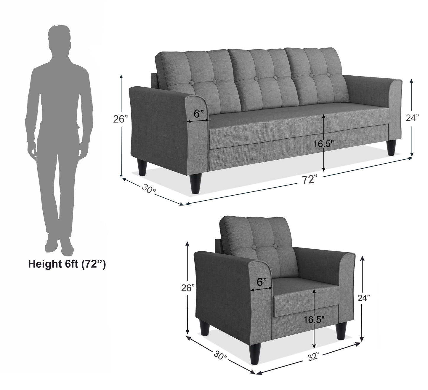 Adorn India Maddox Tufted 3-1-1 5 Seater Wood Sofa Set (Grey) (3 Year Warranty)