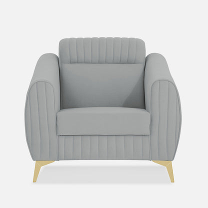 Adorn India Premium Valentino 1 Seater Sofa | Velvet Suede Fabric | 3-Year Warranty | Color Grey with Golden Legs & Striped Pattern Cushion