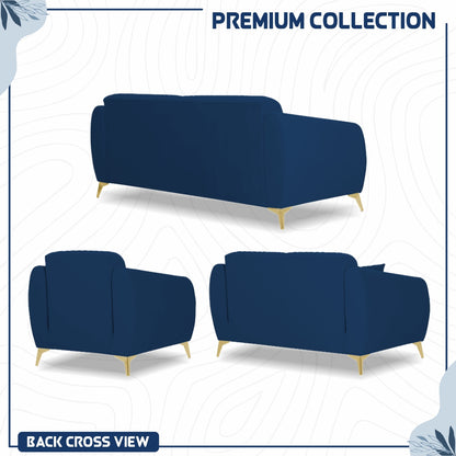 Adorn India Premium Valentino 3-2-1 Sofa Set | Velvet Suede Fabric | 3-Year Warranty | Color Blue with Golden Legs & Striped Pattern Cushion