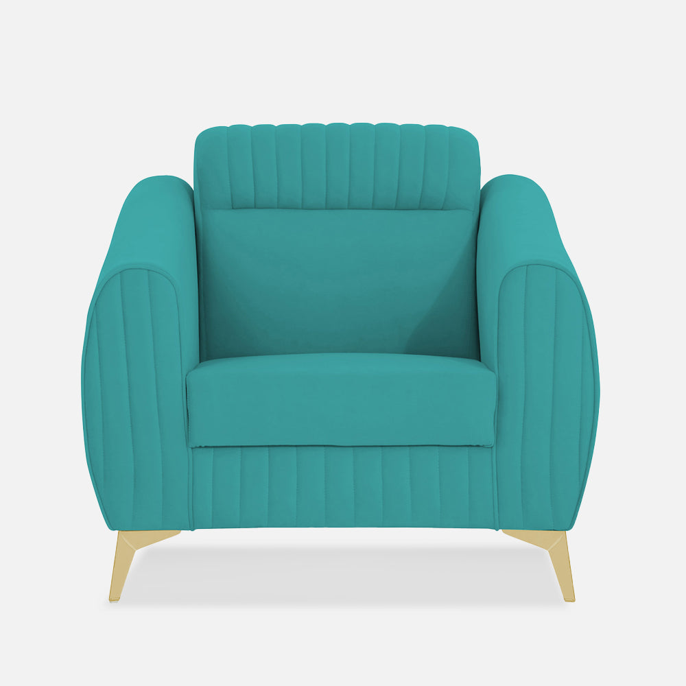 Adorn India Premium Valentino 1 Seater Sofa | Velvet Suede Fabric | 3-Year Warranty | Color Aqua Blue with Golden Legs & Striped Pattern Cushion