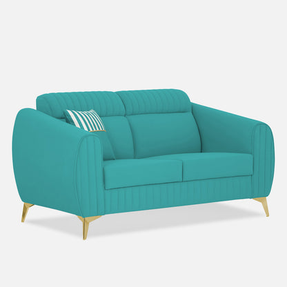 Adorn India Premium Valentino 2 Seater Sofa | Velvet Suede Fabric | 3-Year Warranty | Color Aqua Blue with Golden Legs & Striped Pattern Cushion