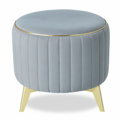 Adorn India Olivia Round 1 Seater Ottoman Pouffe Striped Pattern with Velvet Suede Fabric (Grey)