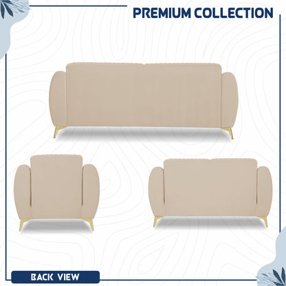 Adorn India Premium Valentino 3-2-1 Sofa Set | Velvet Suede Fabric | 3-Year Warranty | Color Beige with Golden Legs & Striped Pattern Cushion