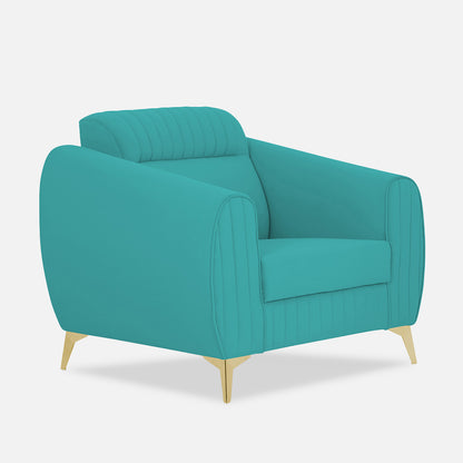 Adorn India Premium Valentino 1 Seater Sofa | Velvet Suede Fabric | 3-Year Warranty | Color Aqua Blue with Golden Legs & Striped Pattern Cushion
