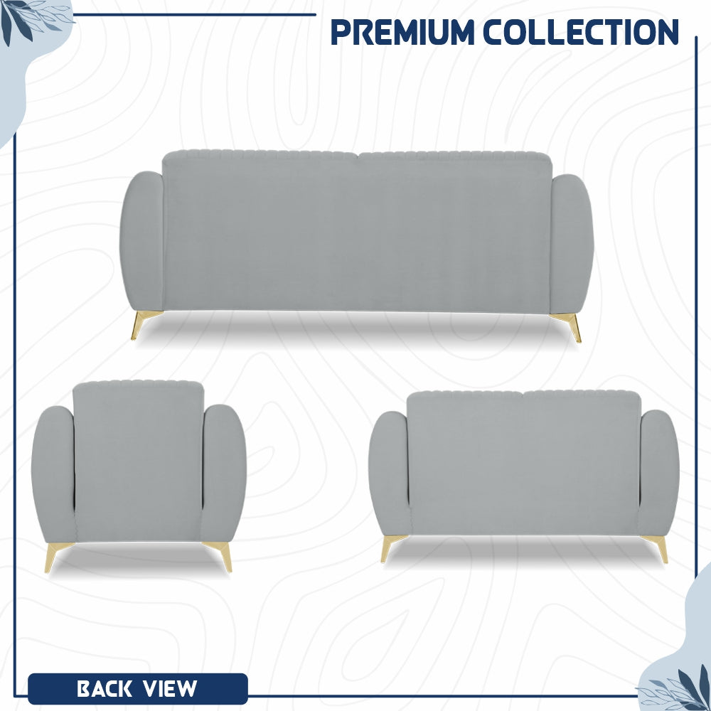 Adorn India Premium Valentino 3-2-1 Sofa Set | Velvet Suede Fabric | 3-Year Warranty | Color Grey with Golden Legs & Striped Pattern Cushion