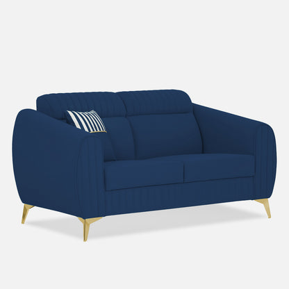 Adorn India Premium Valentino 2 Seater Sofa | Velvet Suede Fabric | 3-Year Warranty | Color Blue with Golden Legs & Striped Pattern Cushion