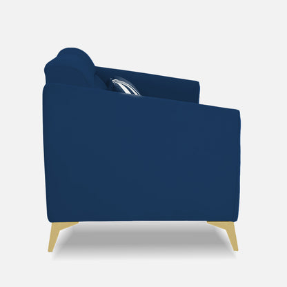 Adorn India Premium Valentino 3 Seater Sofa | Velvet Suede Fabric | 3-Year Warranty | Color Blue with Golden Legs & Striped Pattern Cushion
