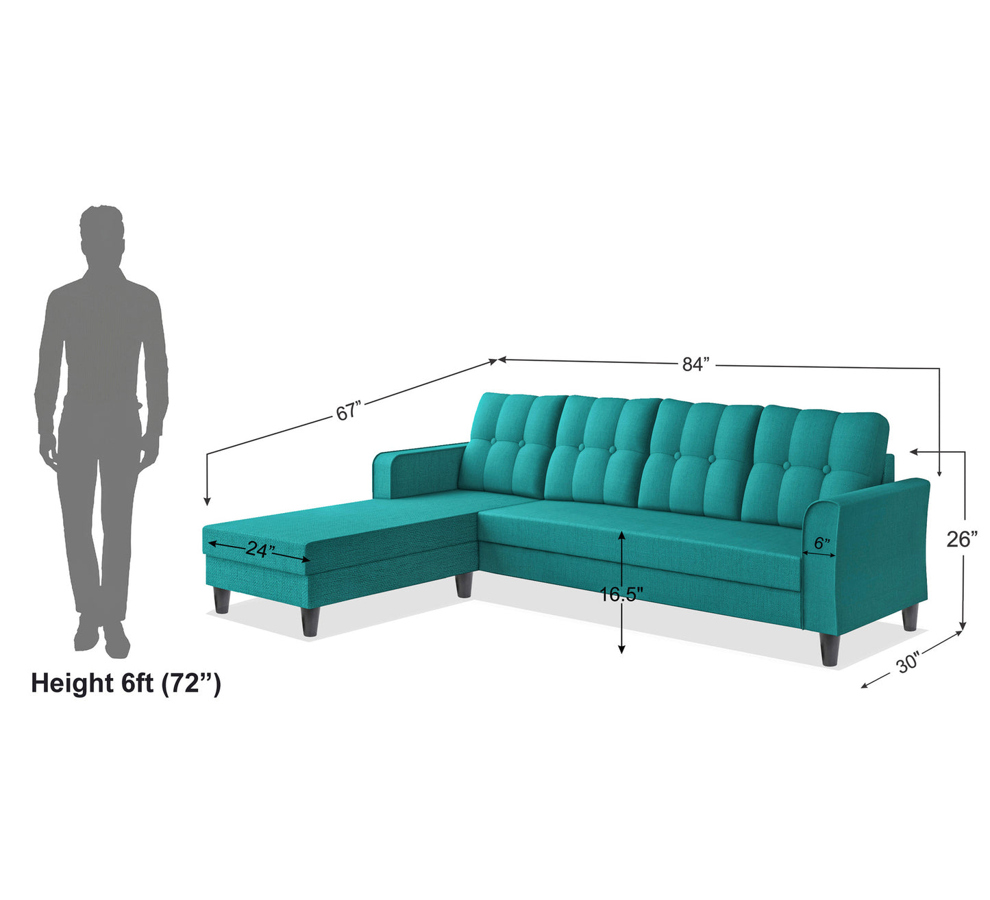 Adorn India Maddox Tufted L Shape 5 Seater Sofa Set LHS (Aqua Blue) (3 Year Warranty)