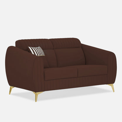 Adorn India Premium Valentino 2 Seater Sofa | Velvet Suede Fabric | 3-Year Warranty | Color Brown with Golden Legs & Striped Pattern Cushion