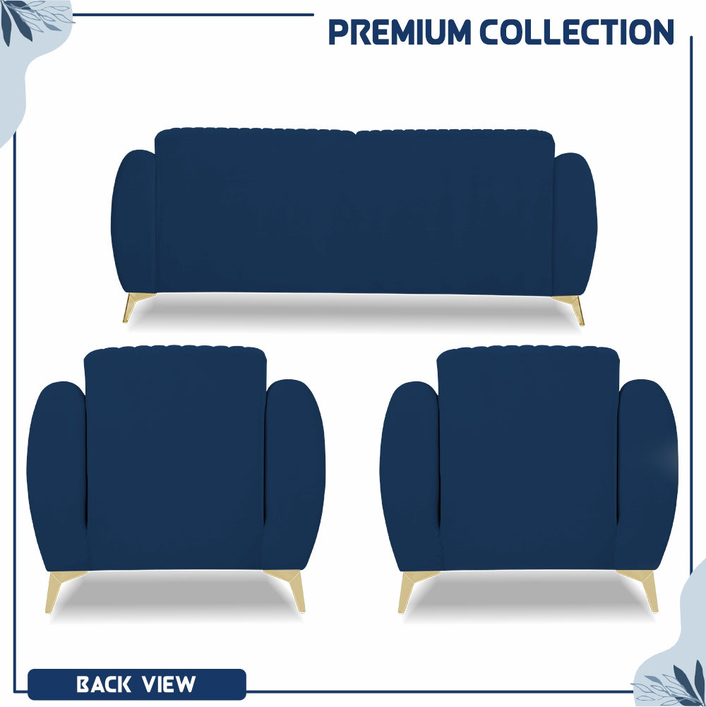 Adorn India Premium Valentino 3-1-1 Sofa Set | Velvet Suede Fabric | 3-Year Warranty | Color Blue with Golden Legs & Striped Pattern Cushion