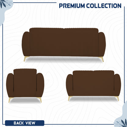 Adorn India Premium Valentino 3-2-1 Sofa Set | Velvet Suede Fabric | 3-Year Warranty | Color Brown with Golden Legs & Striped Pattern Cushion