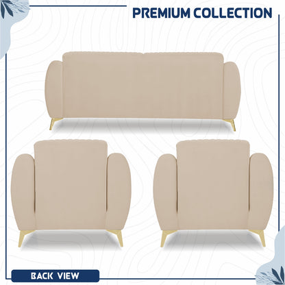 Adorn India Premium Valentino 3-1-1 Sofa Set | Velvet Suede Fabric | 3-Year Warranty | Color Beige with Golden Legs & Striped Pattern Cushion