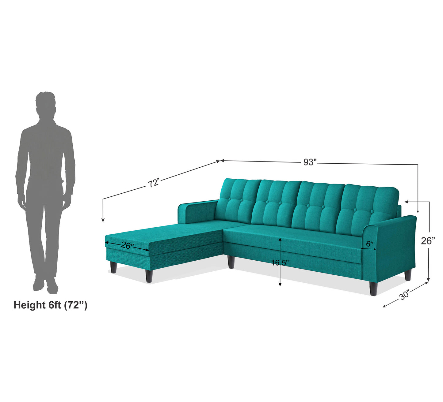 Adorn India Maddox Tufted L Shape 6 Seater Sofa Set LHS (Aqua Blue) (3 Year Warranty)
