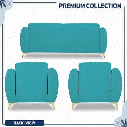 Adorn India Premium Valentino 3-1-1 Sofa Set | Velvet Suede Fabric | 3-Year Warranty | Color Aqua Blue with Golden Legs & Striped Pattern Cushion