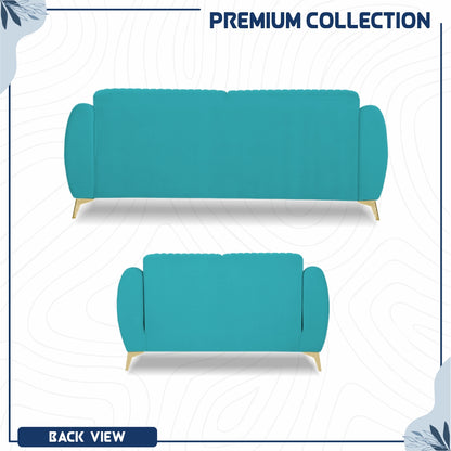 Adorn India Premium Valentino 3-2 Sofa Set | Velvet Suede Fabric | 3-Year Warranty | Color Aqua Blue with Golden Legs & Striped Pattern Cushion