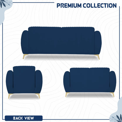 Adorn India Premium Valentino 3-2-1 Sofa Set | Velvet Suede Fabric | 3-Year Warranty | Color Blue with Golden Legs & Striped Pattern Cushion
