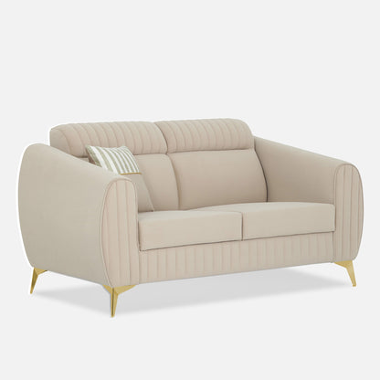 Adorn India Premium Valentino 2 Seater Sofa | Velvet Suede Fabric | 3-Year Warranty | Color Beige with Golden Legs & Striped Pattern Cushion