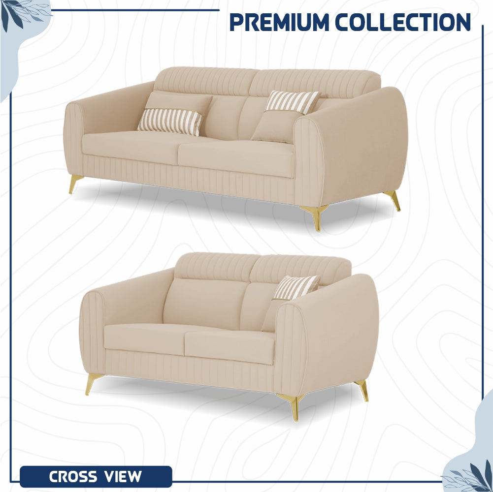 Adorn India Premium Valentino 3-2 Sofa Set | Velvet Suede Fabric | 3-Year Warranty | Color Beige with Golden Legs & Striped Pattern Cushion